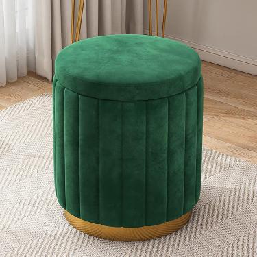 Imagem de Velvet Vanity Dobas com armazenamento, otomano redondo, descanso de pé estofado com conforto, banqueta de maquiagem do quarto para o quarto das meninas, verde, 34x34x44cm (13x13x17in)