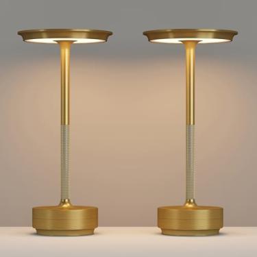 Imagem de FDIDC Candeeiros de mesa sem fio recarregáveis, pacote com 2, luminária de mesa alimentada por bateria, lâmpada de mesa LED portátil para pátio/mesa de jantar/bar/luz de mesa externa [dourada]