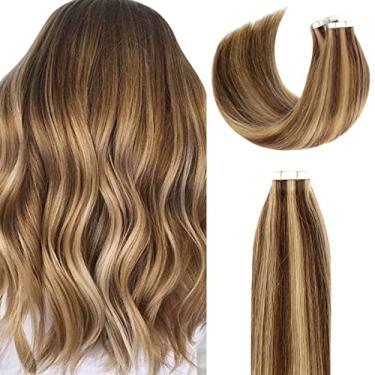 Imagem de Lacer Aplique de cabelo natural Remy em extensões de cabelo humano Dip Dyed Balayage #4/12 marrom escuro a marrom dourado sem costura trama de pele de poliuretano 100% virgem real invisível dupla face 50g 20pçs/conjunto 40,64 cm