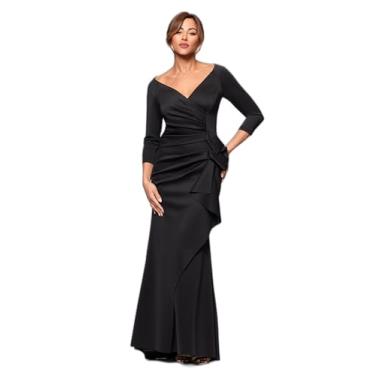 Imagem de Xscape Vestido feminino longo manga 3/4 gola V franzido lateral (regular e pequeno), Preto, 44