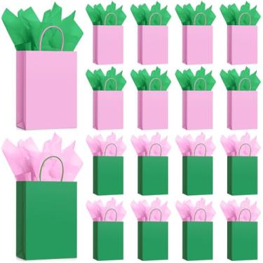 Imagem de Geyoga Pacote com 36 sacos de presente de festa rosa e verde com alça de papel de seda 21 x 15 x 8 cm, sacos de guloseimas de bruxa e príncipes, suprimentos com tema de bruxa