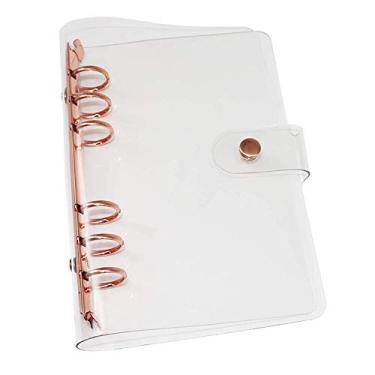 Imagem de Capa para fichário pessoal A6 de PVC transparente, macia, capa transparente para notebook, 6 anéis de ouro rosa com fecho de botão de pressão pastas soltas (Personal A6, capa transparente + fichário de ouro rosa)