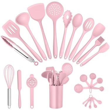 Imagem de E-far Conjunto de utensílios de cozinha de silicone, 25 peças com suporte, espátula, espátula, colher, concha para panelas antiaderentes, resistente ao calor e lavável na lava-louças - rosa
