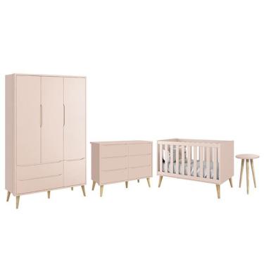 Imagem de Dormitório Completo Infantil Theo 3 Portas, Cômoda 6 Gavetas, Berço e Mesa de Canto com Pés Madeira Natural - Reller Móveis Rosa Fosco