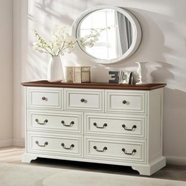 Imagem de TUNGTAR Cômoda de fazenda com 7 gavetas, design vintage com alças de coluna romana, branco antigo