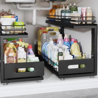 Imagem de 2 pacotes de armazenamento de armário de 53 cm de profundidade com trilhos lisos, armazenamento de armário duplo de 2 camadas para banheiro e cozinha, prateleira embaixo da pia - preto