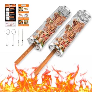 Imagem de Concons cestas de grelha para churrasqueira ao ar livre, cesta de grelha com alça e suporte de madeira removível, acessórios de grelhar em aço inoxidável para peixe, camarão, carne, legumes,