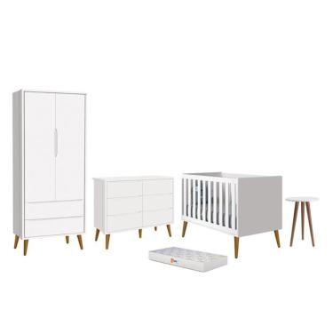 Imagem de Dormitório Infantil Theo 2 Portas, Cômoda 6 Gavetas, Berço, Mesa de Canto com Pés Amadeirado e Colchão - Reller Móveis Branco Fosco