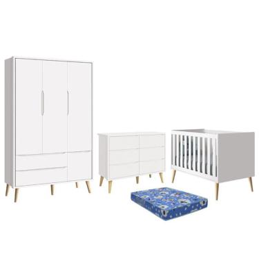 Imagem de Dormitório Theo Retrô 3 Portas, Cômoda 6 Gavetas, Berço com Pés Madeira Natural e Colchão - Reller Móveis Branco Fosco