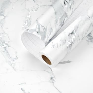 Imagem de Papel de contato de mármore branco cinza descascar e colar papel de contato de granito espesso para gavetas de armários papel de parede autoadesivo prata para banheiro, cozinha, descasque e cole capas