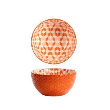 Imagem de Utensílios de mesa de cerâmica domésticos criativos tigela redonda de 15 cm para café da manhã - laranja xadrez
