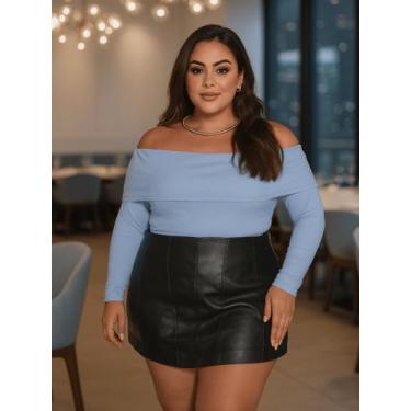 Imagem de Blusa Canelada Ombro a Ombro Plus Size Manga Comprida Ajustável Blusa 