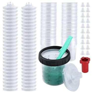 Imagem de Liliantus Copos descartáveis de pistola de pintura para pistola de pintura automotiva, copos de mistura de tinta 567.0 g-50 copos de tinta com tampas, 1 copo rígido com anel retentor, 1 adaptador de