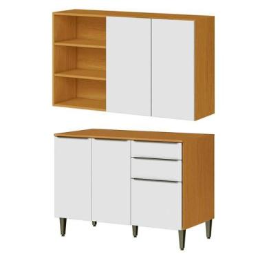 Imagem de Conjunto Armário Aéreo E Balcão 120cm 100% Mdf Luna Cinamomo/branco - 