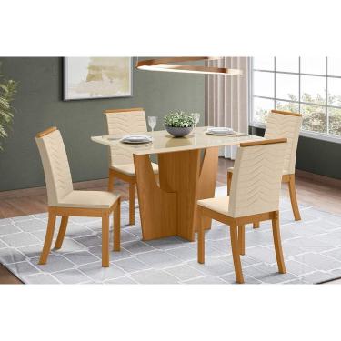 Imagem de Sala de Jantar Completa Vértice Tampo Madeirado c/ Vidro Canto Reto 120x80cm e 4 Cadeiras Isa Nature/Linho - Henn