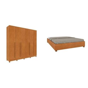 Imagem de CONJUNTO GUARDA ROUPA CASAL 6 PORTAS 8 GAVETAS PUXADOR MDF COM PÉS E CAMA CASAL ESPRESSO MÓVEIS Cinamomo/Cinamomo