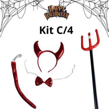 Imagem de Kit C/4 Diabinha Tiara Rabo Gravata Trispeto Halloween Festa - sm deco