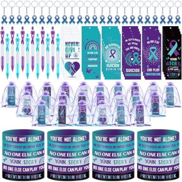 Imagem de Fullhawl Conjunto de presente de conscientização de prevenção de suicídio, 120 peças, inclui canetas, fita, pulseiras de silicone, pulseiras, marcador, chaveiro, bolsa de organza para escritório