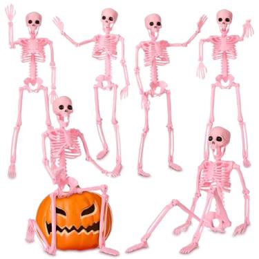 Imagem de Geelin Pacote com 6 esqueletos para pendurar no Dia das Bruxas, esqueleto de plástico rosa com articulações móveis, esqueletos pequenos assustadores para pendurar no quintal, jardim, gramado, casa