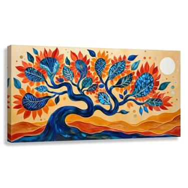 Imagem de Árvore da Vida Arte de Parede Impressão em Tela Folhas Azuis Laranja Galhos Sala de Estar Decoração Fotos Pintura 40x20cmx1