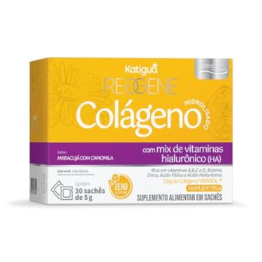 Imagem de Katiguá, Colágeno Hidrolisado 2,5 g, Solúvel Verisol, Com vitamina A, B, C e D, Biotina, Zinco, Ácido Fólico e Ácido Hialurônico, Sabor Maracujá com Camomila, Zero açúcar, 30 Sachês, 5g