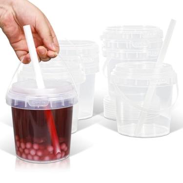 Imagem de UMETASS Pacote com 8 copos de plástico transparente de 946 ml com tampa e canudo, balde de bebida reutilizável com alça para café gelado, smoothie, sorvete - Copos de festa resistentes e seguros para