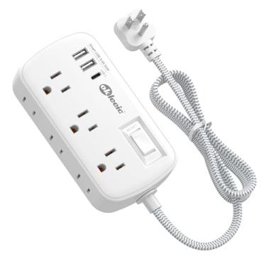 Imagem de Cord de extensão curta de 5 pés, 6 saídas CA com 3 estações de carregamento USB (17 W/3,4 A), protetor de sobrecarga da tira de alimentação 980J, cabo de extensão de tomada plana de 1625 W