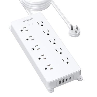 Imagem de TROND - Faixa de alimentação com protetor de picos de tensão, tomada plana de 15 pés de comprimento, 10 saídas CA amplamente espaçadas, 2 portas USB A e 2 portas USB C, 4000J, listagem ETL, montagem