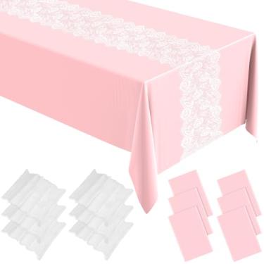 Imagem de Oudain Toalha de mesa de plástico descartável retangular 12 peças de toalha de mesa de chá de 137 x 272 cm, toalha de mesa de renda para casamento, aniversário, chá de bebê, decoração de aniversário