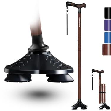 Imagem de KingPavonini Bengala de caminhada para homens e mulheres, bengala dobrável de pé livre, cabo ergonômico, pivotante, base quádrupla, resistente, 158 kg, bengala ajustável para idosos equilíbrio com