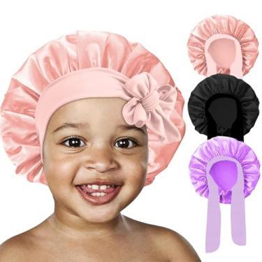 Imagem de 3 peças de gorro de cetim de seda para dormir - Touca de dormir de cabelo de bebê, bonés infantis para meninas e crianças pequenas com faixa elástica larga, touca de dormir chapéus de cabelo noturno
