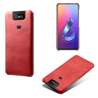 Imagem de Capa para Asus ZenFone 6,Proteção contra quedas,Casca de volta de cor sólida simples,Design de couro de imitação de plástico-Red
