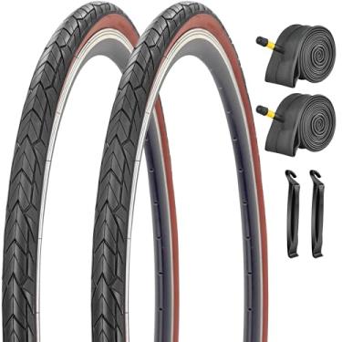 Imagem de SIMEIQI Pneus de bicicleta e tubos internos 700x35C/37-622 com válvulas AV 32 mm tubos internos pacote com 2 pneus de bicicleta de estrada 700C parede marrom para pneus híbridos de bicicletas (parede