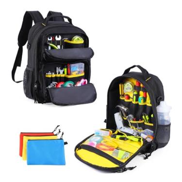 Imagem de Mochila de ferramentas para homens, bolsa de ferramentas resistentes com 3 bolsas de ferramentas, mochila tática de trabalho para eletricista, encanador, HVAC, reparador de cabos, preta