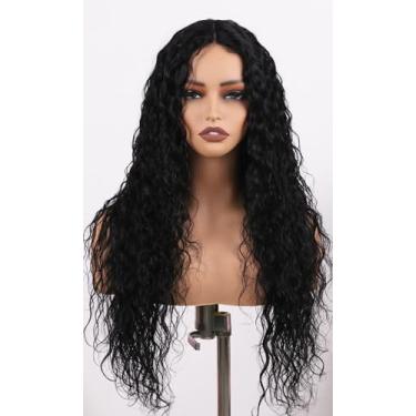 Imagem de ManeMajesty Peruca frontal de 76 cm, ondulada profunda, cabelo humano sem cola, cabelo humano pré-arrancado, pré-cortado, parte em T, HD, peruca frontal de renda, densidade de 180%, peruca preta em