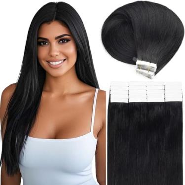 Imagem de Caliee Extensões de cabelo humano com fita adesiva 1 preto azeite 35 cm fita em extensões para mulheres 20 peças 50 gramas extensões de cabelo humano liso macio reutilizável