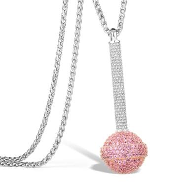 Imagem de Colar masculino com pingente de gelo Hip Hop banhado a ouro de 50,8 cm com diamantes de zircônia cúbica, joia de pirulito sólido 3D, Medium, Aço inoxidável, Diamante de zircônia cúbica 5A