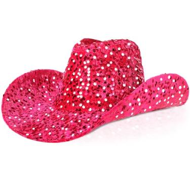 Imagem de Chapéu de vaqueira para mulheres, estilo ocidental, lantejoulas, chapéu de cowboy para discoteca, chapéu de cristal para festa de casamento à fantasia de carnaval (rosa)