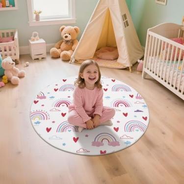 Imagem de Tapete redondo boho arco-íris para quarto de crianças, tapete decorativo macio rosa branco fofo, tapete circular lavável para sala de estar, quarto de meninas, berçário, creche (1,2 m x 10 cm