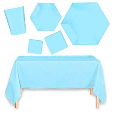 Imagem de Serve 25 pacotes de festa azul claro – pratos hexagonais de jantar e sobremesa, copos de 255 g, guardanapos de 3 camadas e 2 capas de mesa – talheres descartáveis para chás de bebê, aniversários