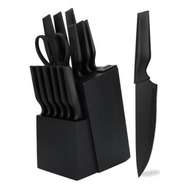 Imagem de Conjunto de facas de cozinha, conjunto de facas de 14 peças com bloco autoafiado, facas ultra afiadas de aço inoxidável de alto carbono para cozinha, inclui 6 facas de bife, cabo antiderrapante, preto