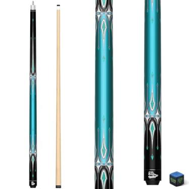 Imagem de CUEBAR Taco de bilhar de 2 peças de taco de bilhar com incrustações geométricas de espada, cabo desembrulhado, haste de bordo, ponta de 13 mm com giz (azul-petróleo 540 g)