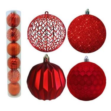 Imagem de Kit 12 Bola De Natal Vermelha 8cm Mista Pendente Para Árvore - Rio Mas