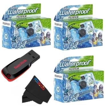 Imagem de Fujifilm Câmera QuickSnap impermeável de 35 mm de uso único com pen drive USB de 32 GB Sandisk e pano de limpeza de microfibra PixiBytes... (3 câmeras + USB)