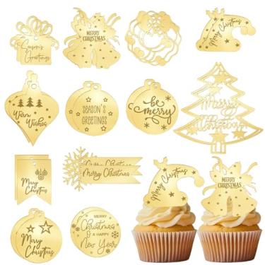 Imagem de 24 peças de enfeite de cupcake de Natal acrílico decoração de bolo minimalista dourado, disco espelhado gravado Feliz Natal para decoração de Natal de inverno