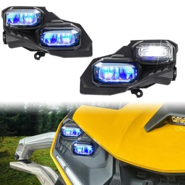Imagem de CUSAUTV Faróis de LED com faróis altos e baixos azuis DRL compatíveis com acessórios Can-Am Maverick R MAX X RS 2024 2025, lâmpadas de cabeça à prova d'água substituem 710008089, 710006911 (2 peças)