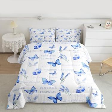 Imagem de Feelyou Jogo de cama solteiro com estampa de borboleta, flores de lavanda, para crianças, meninos, meninas, estética, jardim, decoração de quarto azul, microfibra, 2 peças com 1 fronha