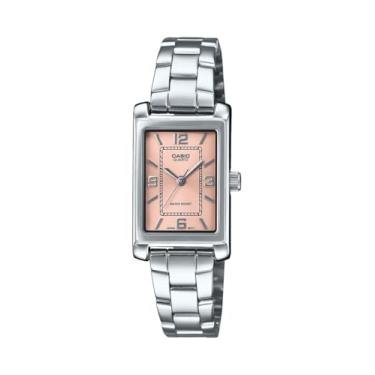 Imagem de Casio LTP-1234DD-4A Relógio feminino retangular padrão clássico de aço inoxidável com mostrador rosa
