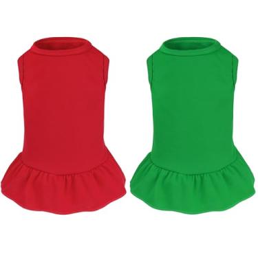 Imagem de 2 peças de vestidos para cães, saia de gato, cor sólida, roupas de verão sem mangas, para filhotes de cachorro e gatos pequenos (vermelho, verde escuro, grande)