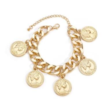 Imagem de Bracelete Grosso Dourado Corrente Elo Cubano Charm Moeda Romana-Pulseira Feminina Link Berloque Pingente Inspiração Antiga Retrô Ajustável Elegante-Presente Feminino Elos Pingente Moeda Robusto Vintage